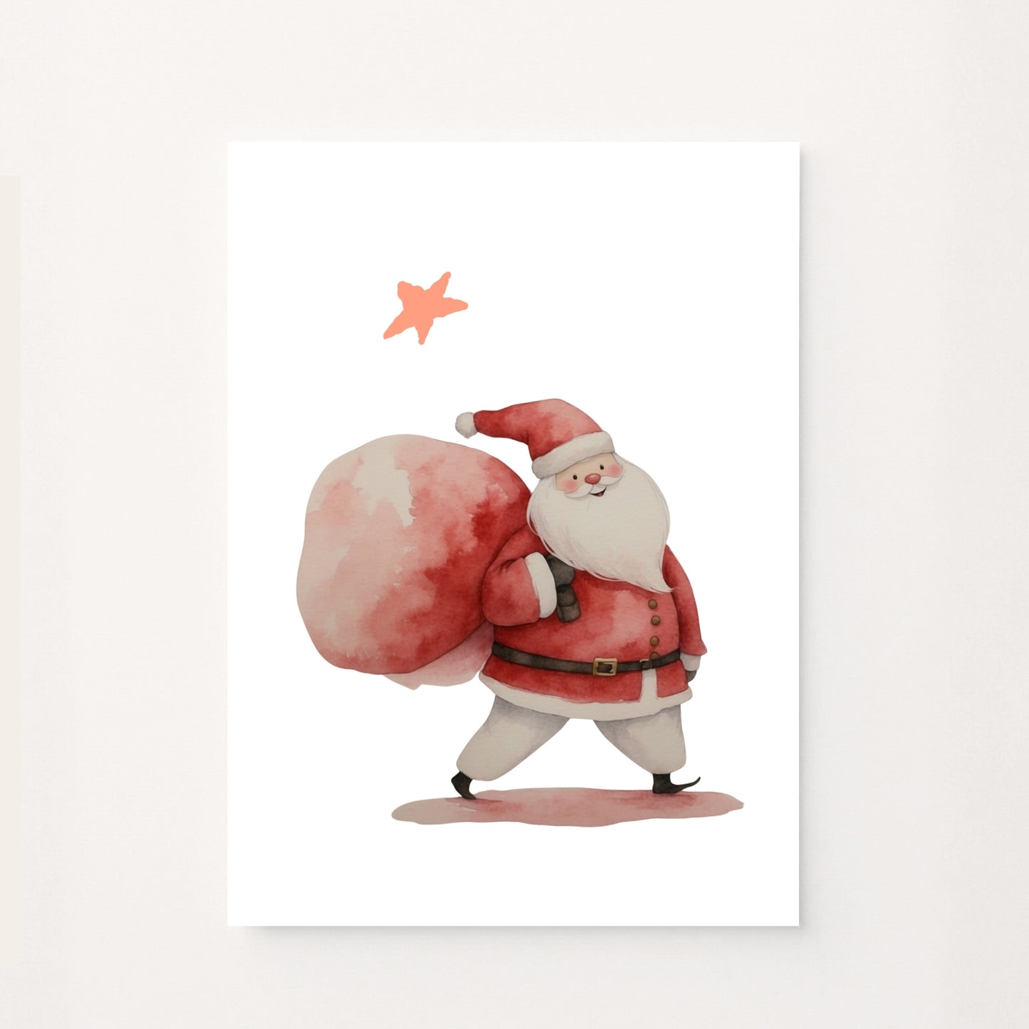 Poster decorativo per bambini con Babbo Natale in acquerello, sacco rosso e piccola stella su sfondo bianco. Dolce e festivo.