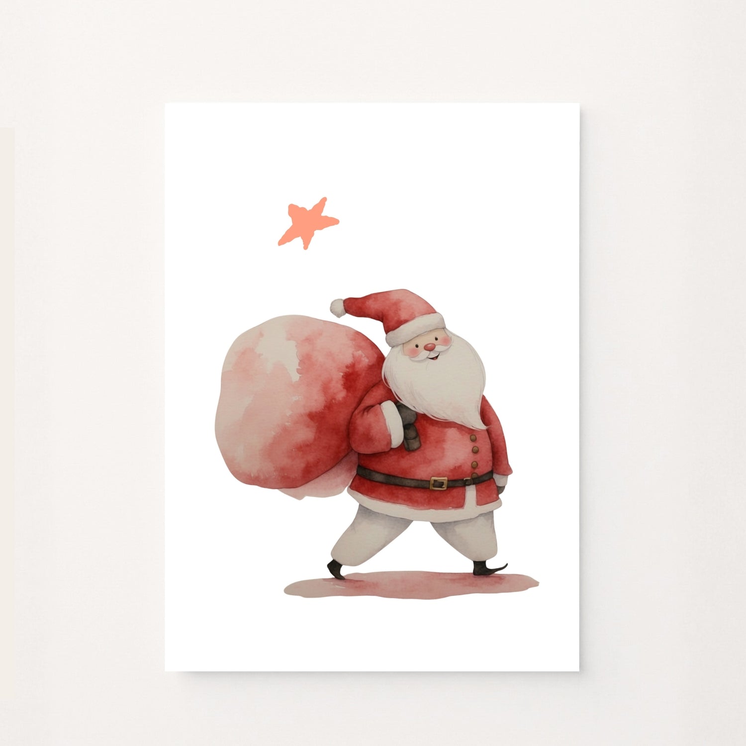 Poster decorativo per bambini con Babbo Natale in acquerello, sacco rosso e piccola stella su sfondo bianco. Dolce e festivo.
