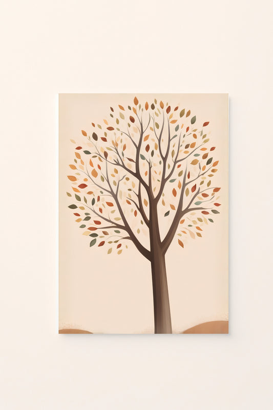 Poster per bambini con albero autunnale dalla chioma ampia, illustrato con foglie nei toni caldi e naturali dell’autunno, su sfondo rosato.
