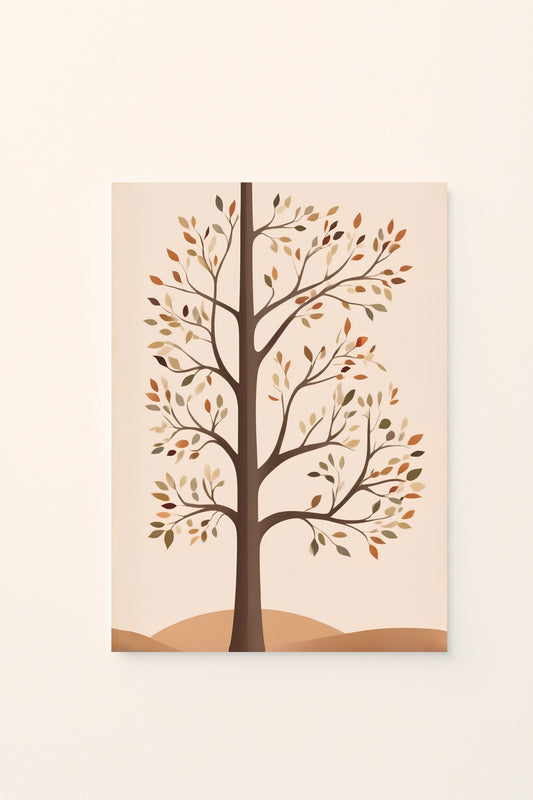 Poster per bambini con albero autunnale ramificato, illustrato con foglie nei toni caldi e naturali dell’autunno, su sfondo rosato.
