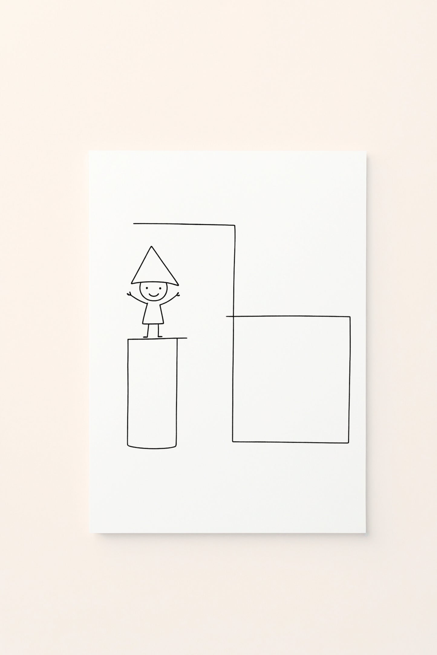 Poster educativo per bambini in bianco e nero da colorare con bambino e forme geometriche, su delicato sfondo rosato.