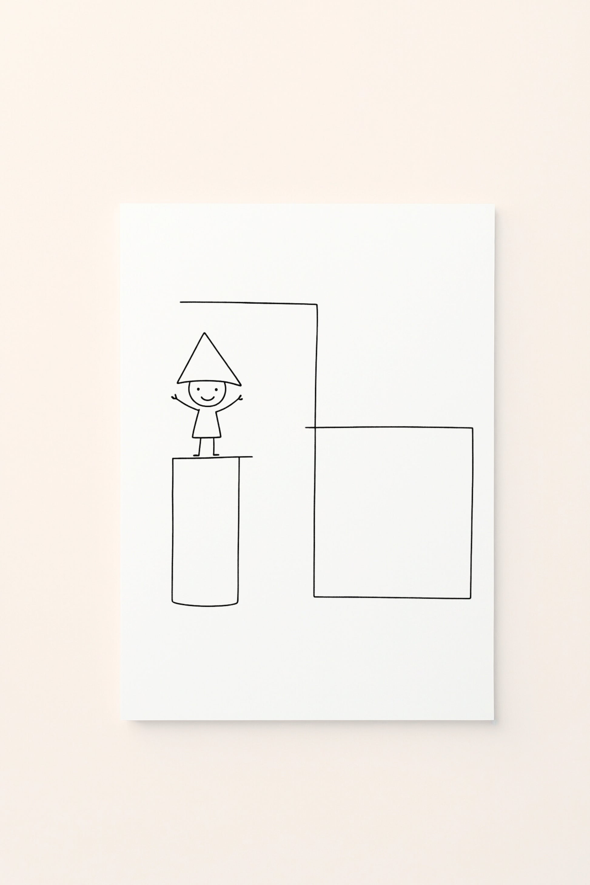 Poster educativo per bambini in bianco e nero da colorare con bambino e forme geometriche, su delicato sfondo rosato.