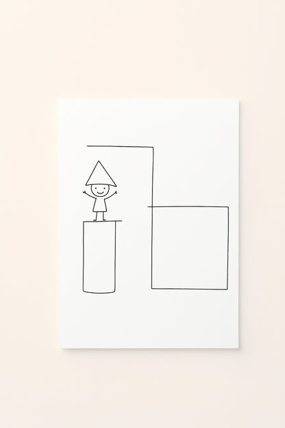 Poster educativo per bambini in bianco e nero da colorare con bambino e forme geometriche, su delicato sfondo rosato.