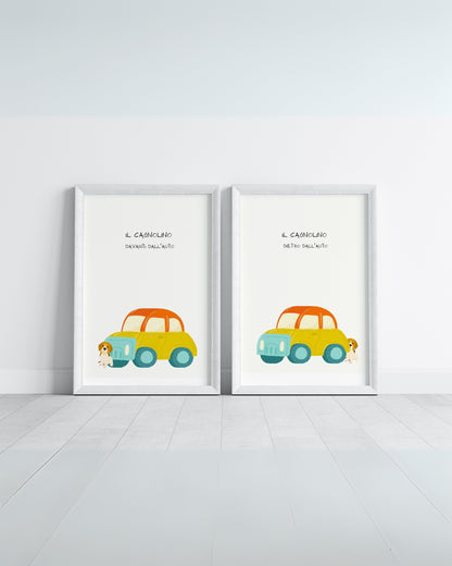 Poster per bambini con cagnolino davanti e dietro l’auto – stampa digitale educativa con illustrazione colorata.