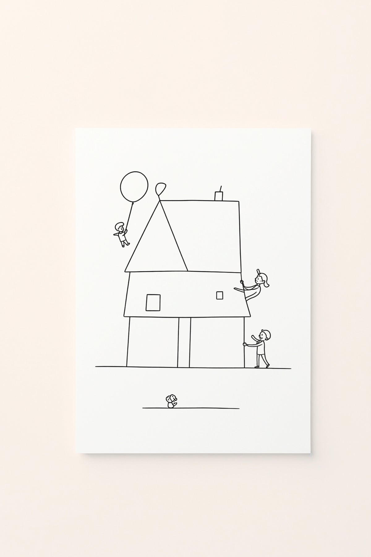 Poster educativo per bambini in bianco e nero da colorare con casa composta da forme geometriche, su delicato sfondo rosato.