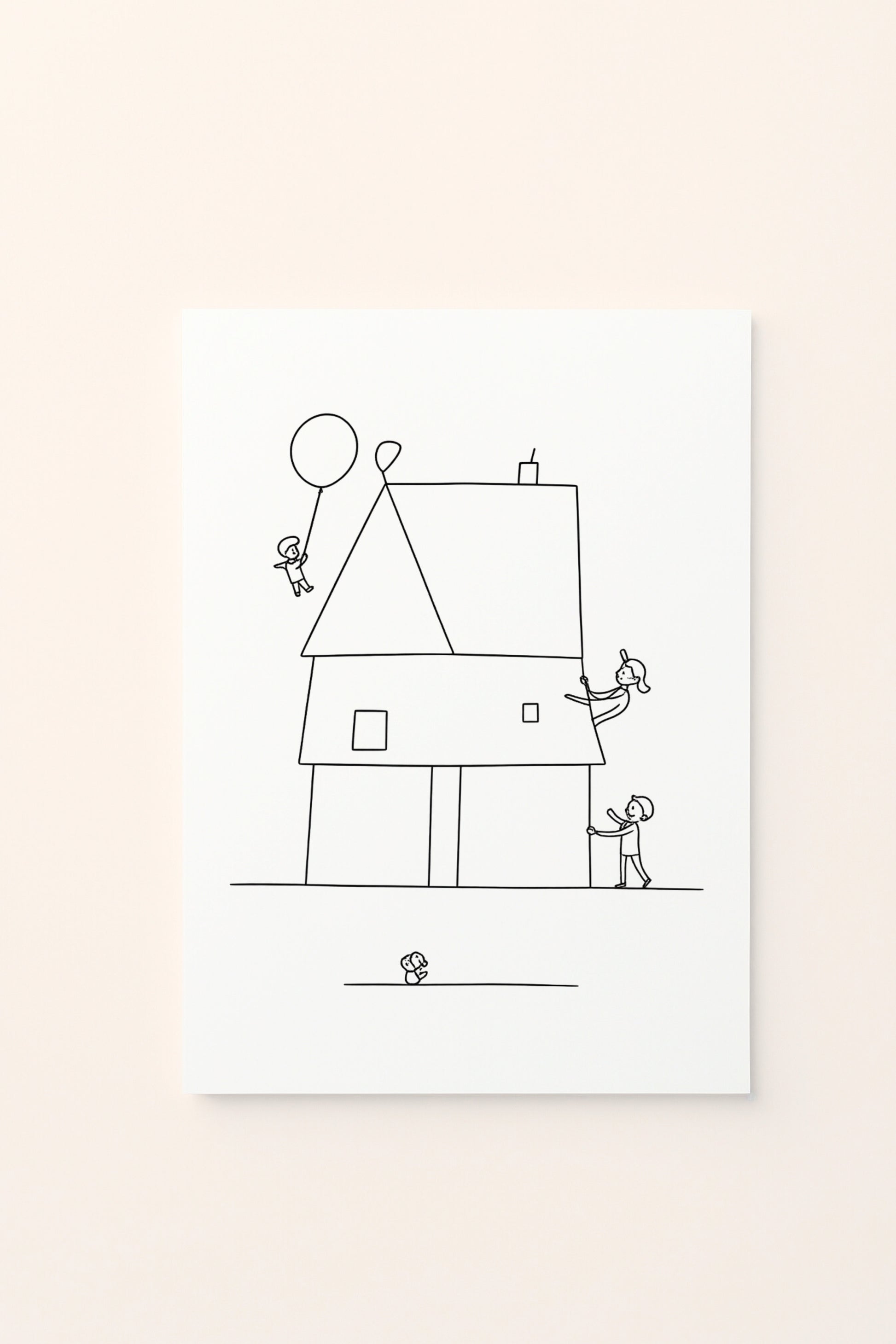 Poster educativo per bambini in bianco e nero da colorare con casa composta da forme geometriche, su delicato sfondo rosato.