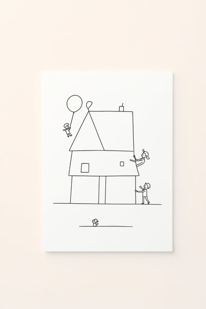 Poster educativo per bambini in bianco e nero da colorare con casa composta da forme geometriche, su delicato sfondo rosato.