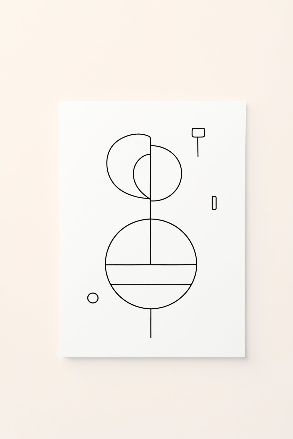 Poster educativo per bambini in bianco e nero da colorare con composizione di cerchi di diverse dimensioni, su delicato sfondo rosato.