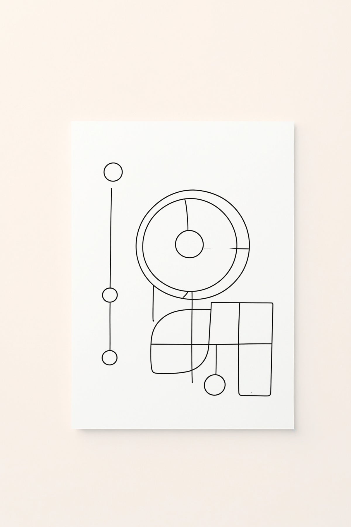 Poster educativo per bambini in bianco e nero da colorare con composizione astratta di forme geometriche, su delicato sfondo rosato.