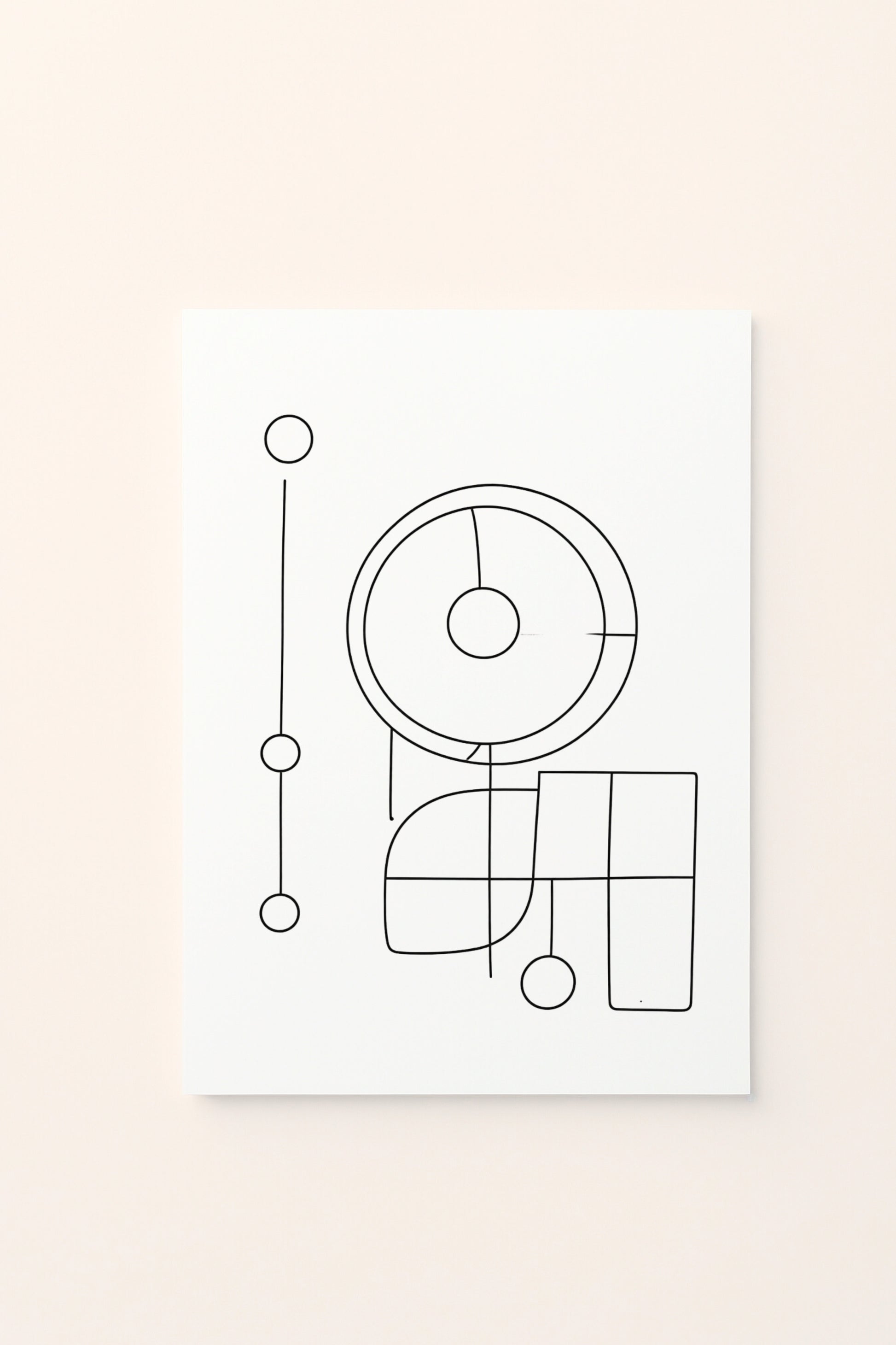 Poster educativo per bambini in bianco e nero da colorare con composizione astratta di forme geometriche, su delicato sfondo rosato.