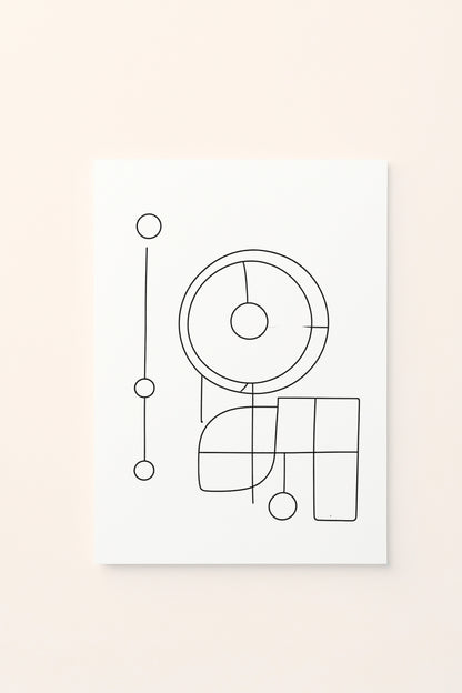 Poster educativo per bambini in bianco e nero da colorare con composizione astratta di forme geometriche, su delicato sfondo rosato.