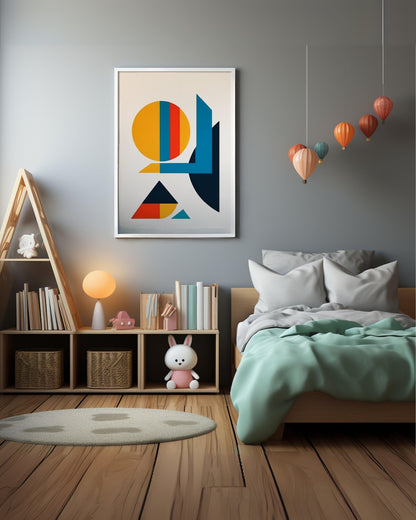 poster Fantasia Angolare in cameretta con letto, libreria e mongolfiere sospese, arredamento caldo e accogliente.