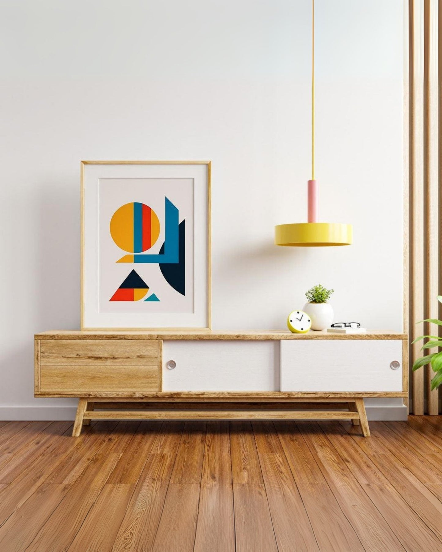 poster Fantasia Angolare esposto su mobile moderno con lampada gialla e arredo minimalista.