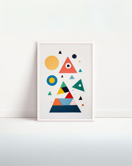 Poster per bambini con forme geometriche colorate, cornice bianca, sfondo neutro, per cameretta.
