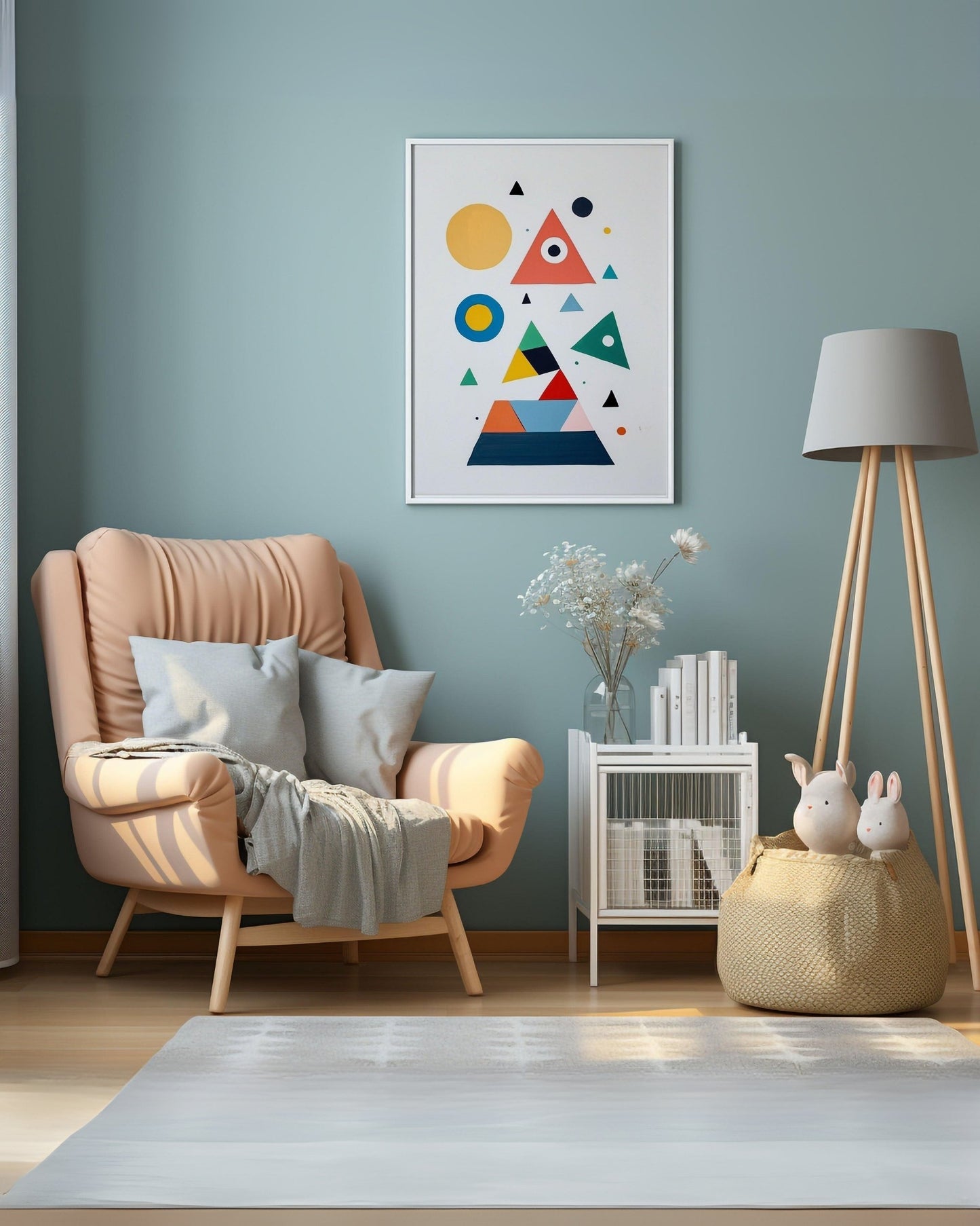 Poster per bambini con forme geometriche colorate, appeso sopra poltrona beige in cameretta.