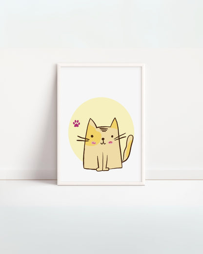 Poster con gattino beige stilizzato e piccola zampina rosa, illustrazione dolce e giocosa per cameretta bambini.