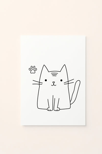 Poster educativo per bambini in bianco e nero da colorare con gatto rosa all'interno di un cerchio, su delicato sfondo rosato.