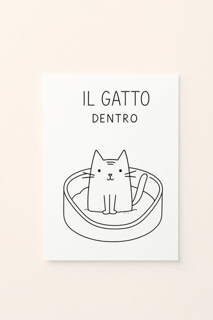 Poster educativo per bambini in bianco e nero da colorare con gatto dentro, su delicato sfondo rosato.