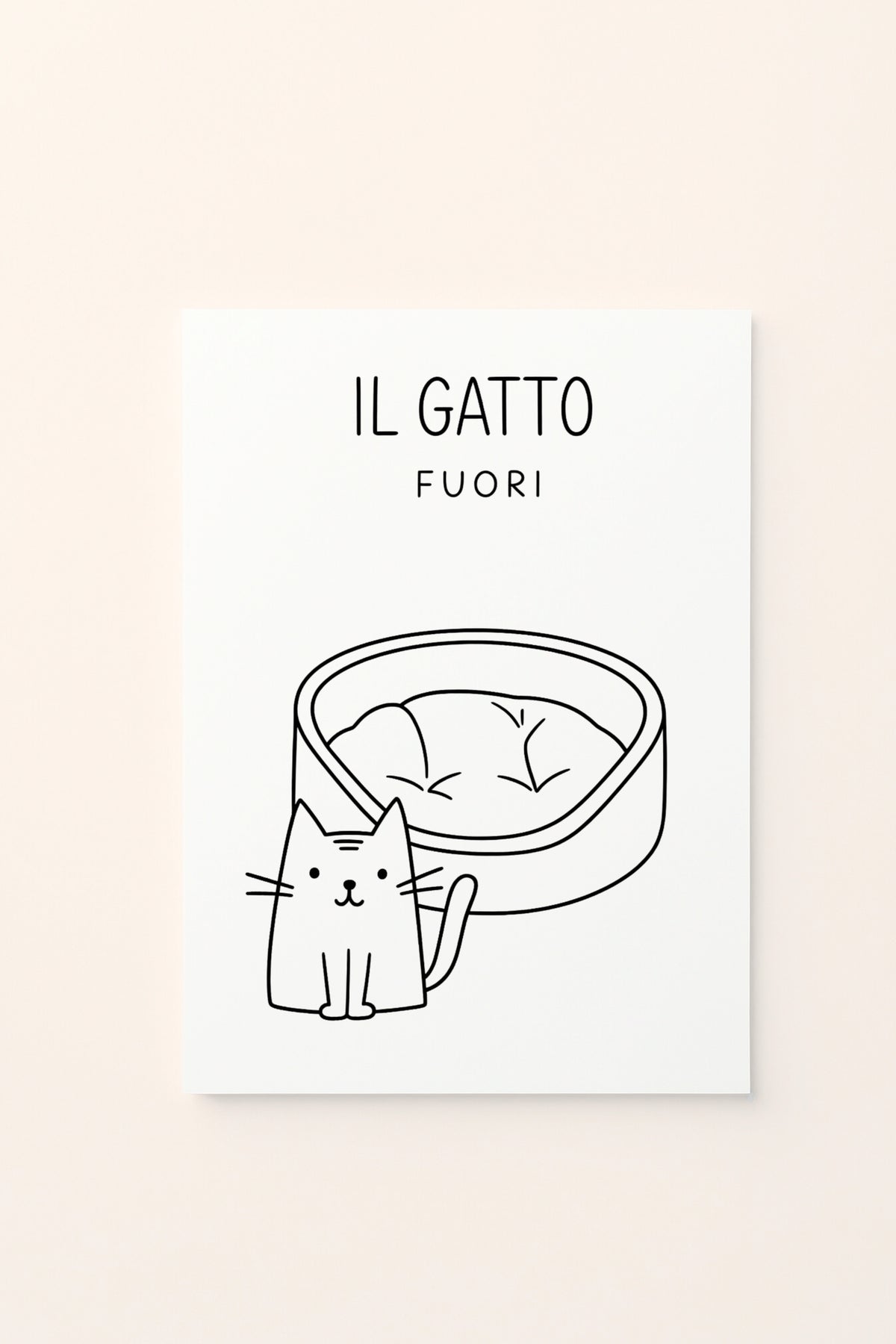 Poster educativo per bambini in bianco e nero da colorare con gatto fuori, su delicato sfondo rosato.