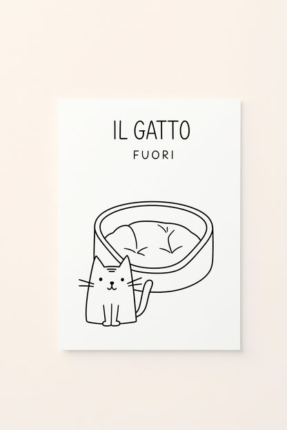 Poster educativo per bambini in bianco e nero da colorare con gatto fuori, su delicato sfondo rosato.