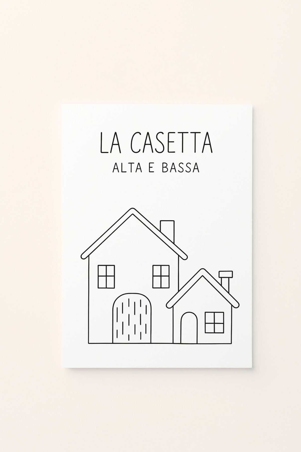 Poster educativo per bambini in bianco e nero da colorare con casetta, su delicato sfondo rosato.