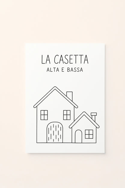 Poster educativo per bambini in bianco e nero da colorare con casetta, su delicato sfondo rosato.