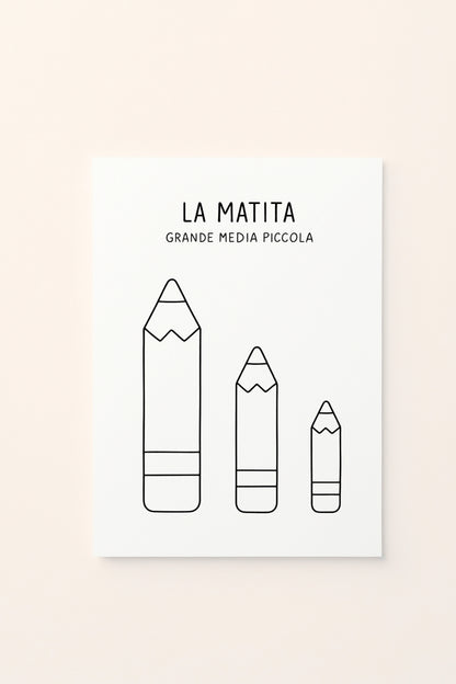 Poster educativo per bambini in bianco e nero da colorare con la matita, su delicato sfondo rosato.