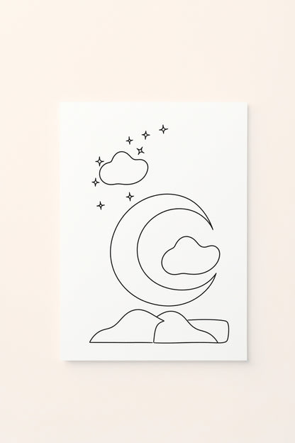 Poster educativo per bambini in bianco e nero da colorare con forma a mezzaluna, su delicato sfondo rosato.