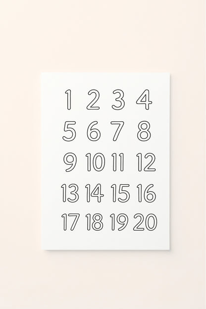 Poster educativo per bambini in bianco e nero da colorare con i numeri da 1 a 20, su delicato sfondo rosato.