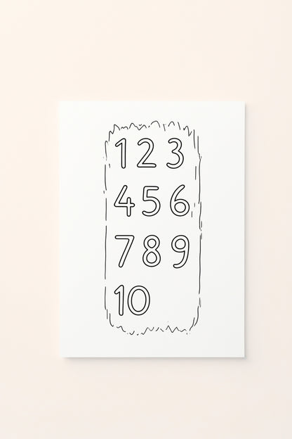 Poster educativo verticale per bambini in bianco e nero da colorare con i numeri da 1 a 10, su delicato sfondo rosato.