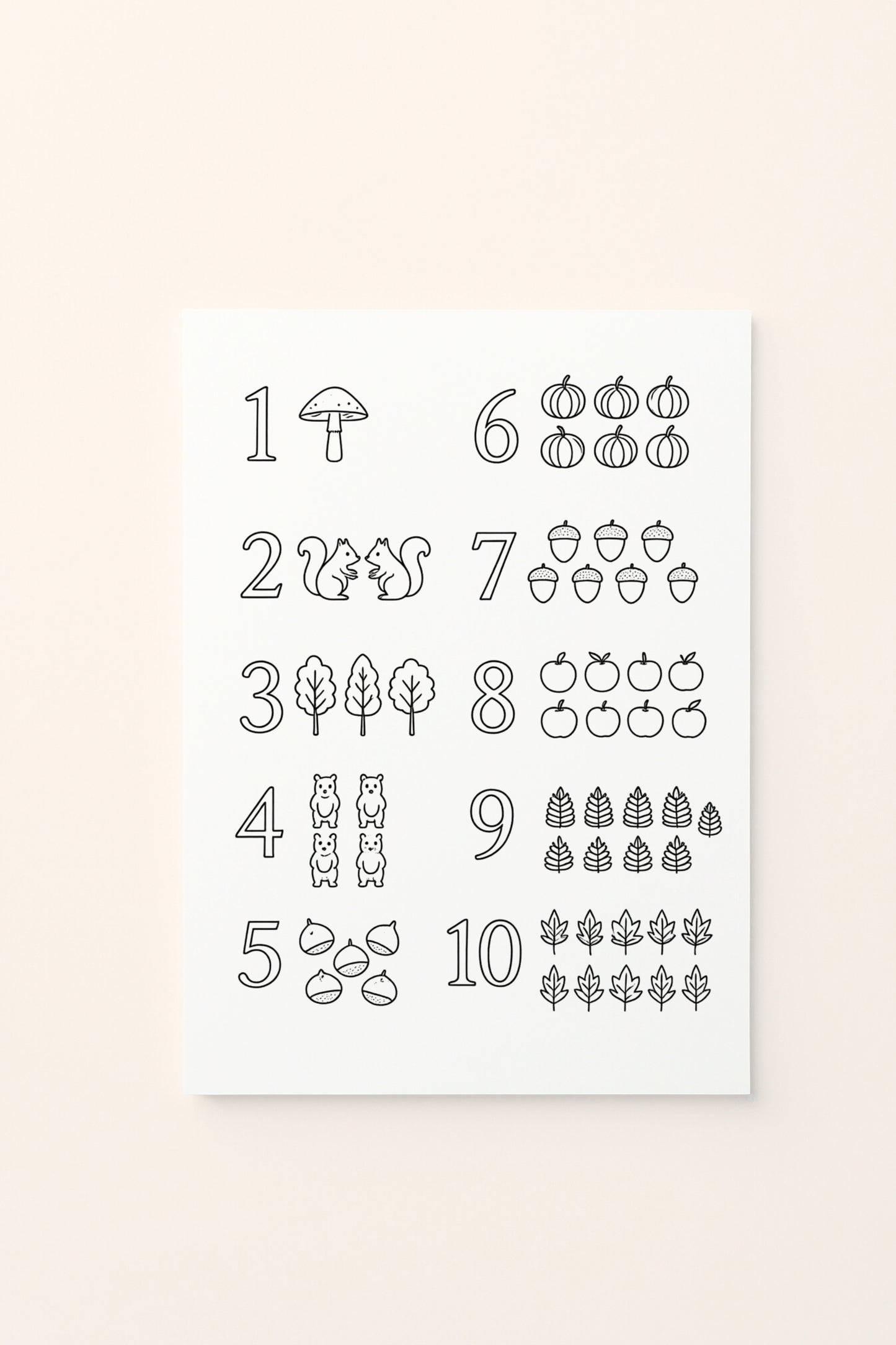 Poster per bambini con numeri da 1 a 10 e quantità illustrate attraverso funghi, scoiattoli, alberi, ghiande, zucche, mele, pigne e foglie autunnali,  da colorare , presentato su sfondo rosato.