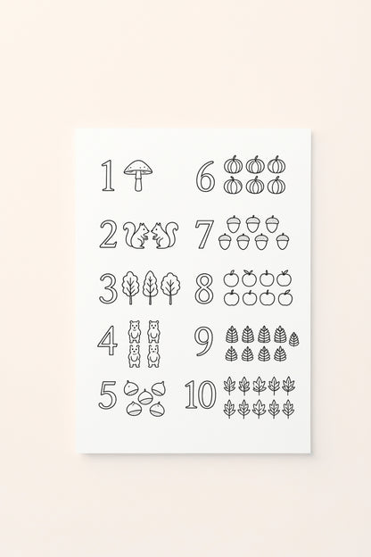 Poster per bambini con numeri da 1 a 10 e quantità illustrate attraverso funghi, scoiattoli, alberi, ghiande, zucche, mele, pigne e foglie autunnali,  da colorare , presentato su sfondo rosato.