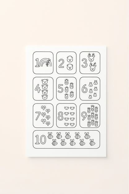 Poster educativo per bambini in bianco e nero da colorare con numeri e quantità, su delicato sfondo rosato.