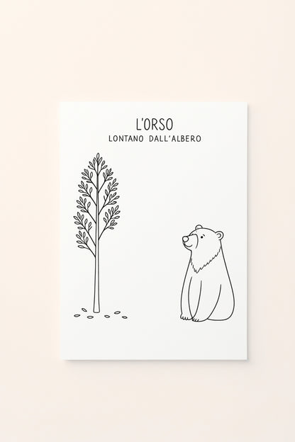 Poster per bambini con orso illustrato lontano da un albero dalle foglie autunnali, presentato su sfondo rosato. Illustrazione delicata dedicata al concetto di lontano. Da colorare 