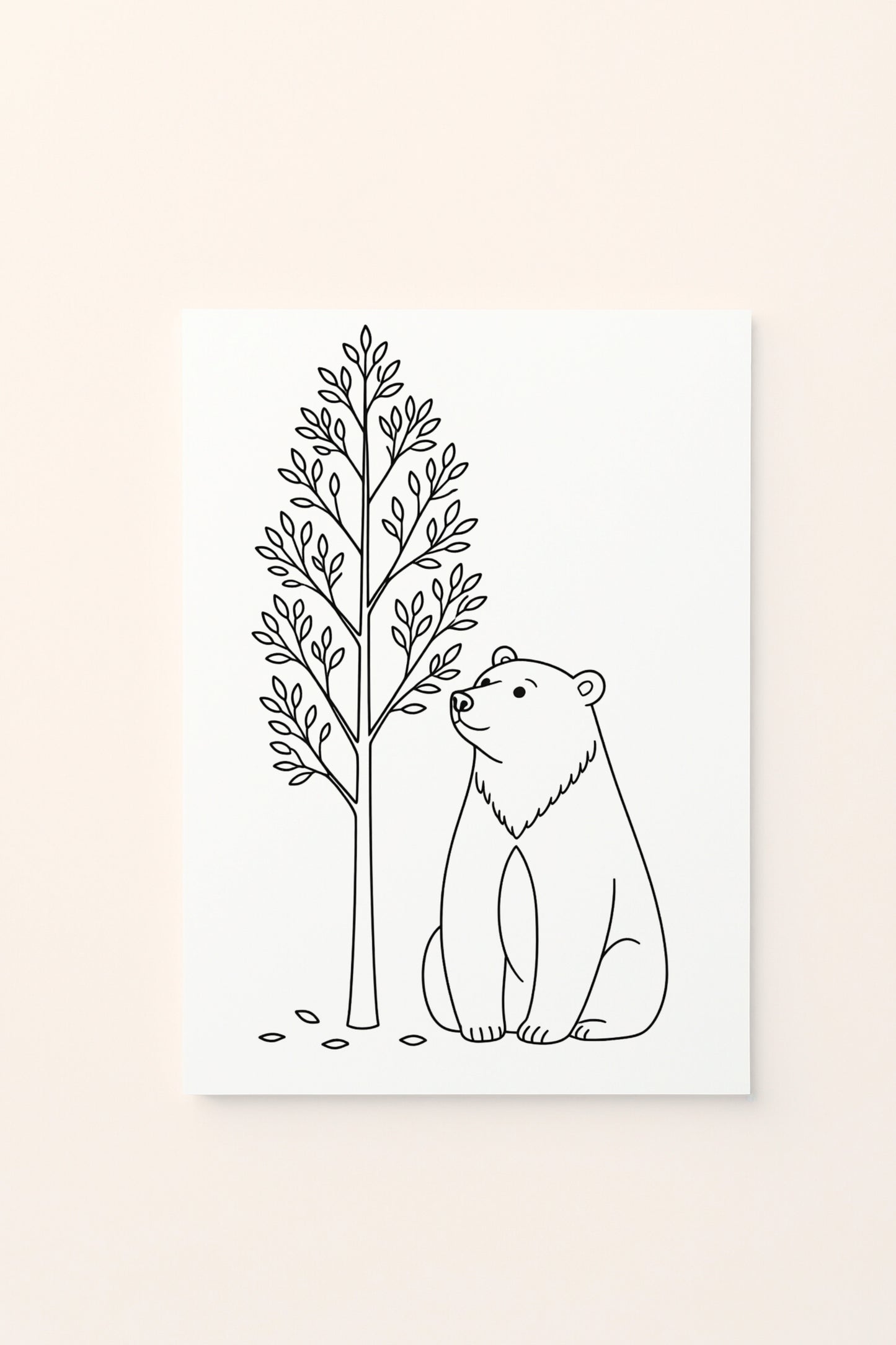Poster per bambini con orso illustrato vicino a un albero dalle foglie autunnali, presentato su sfondo rosato. Illustrazione delicata dedicata al concetto di vicino. Da colorare