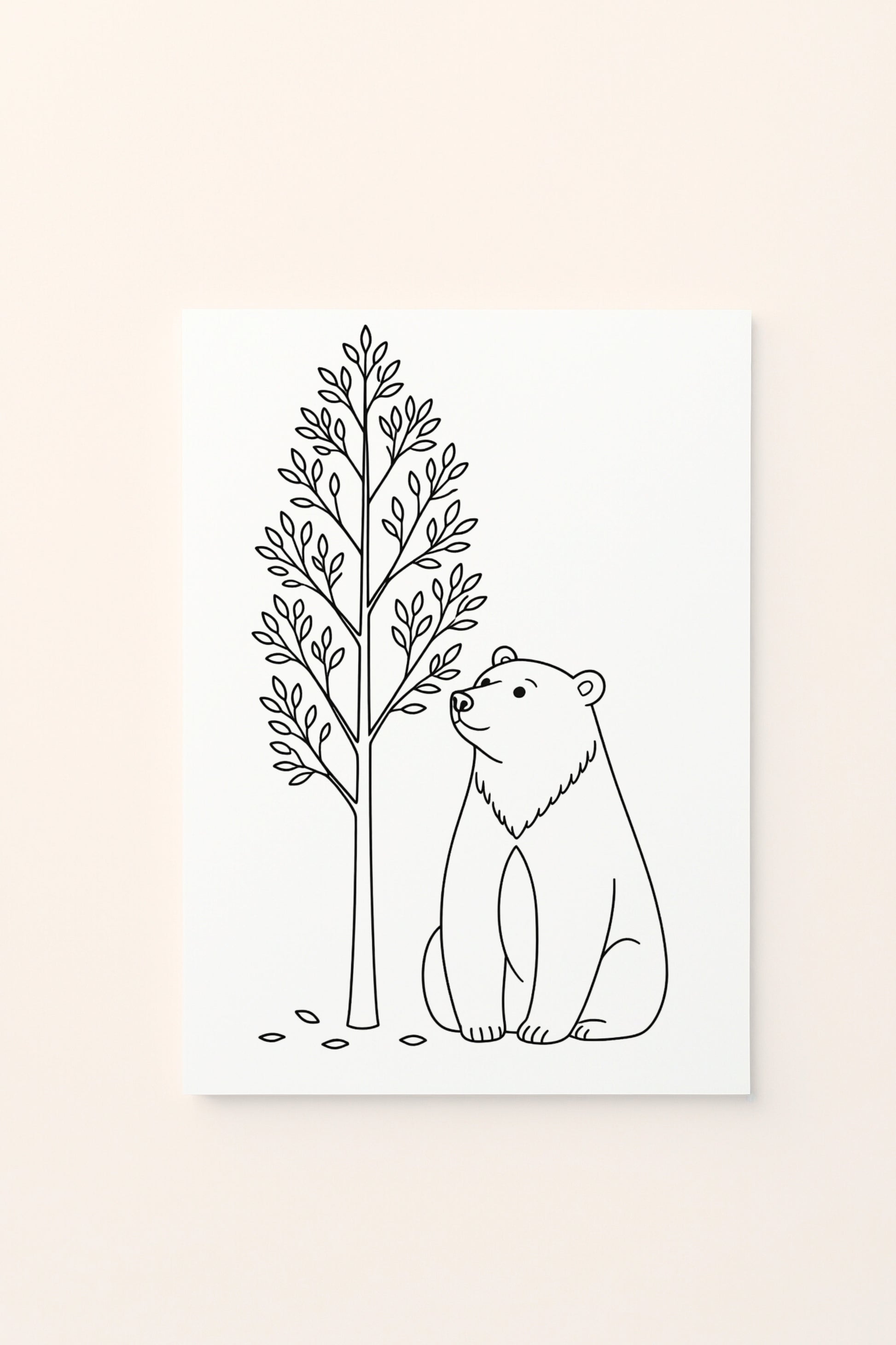 Poster per bambini con orso illustrato vicino a un albero dalle foglie autunnali, presentato su sfondo rosato. Illustrazione delicata dedicata al concetto di vicino. Da colorare