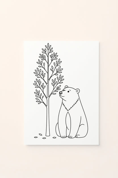 Poster per bambini con orso illustrato vicino a un albero dalle foglie autunnali, presentato su sfondo rosato. Illustrazione delicata dedicata al concetto di vicino. Da colorare