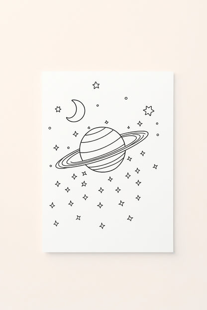 Poster educativo per bambini in bianco e nero da colorare con pianeta ad anello e luna, su delicato sfondo rosato.