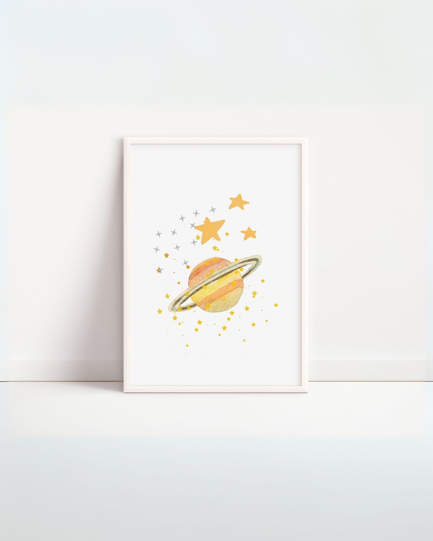 Poster per bambini da stampare con pianeta ad anello e stelle colorate, stampa digitale decorativa per cameretta.
