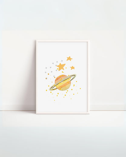 Poster per bambini da stampare con pianeta ad anello e stelle colorate, stampa digitale decorativa per cameretta.