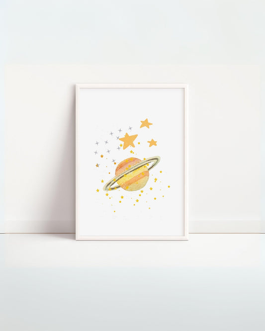Poster per bambini da stampare con pianeta ad anello e stelle colorate, stampa digitale decorativa per cameretta.