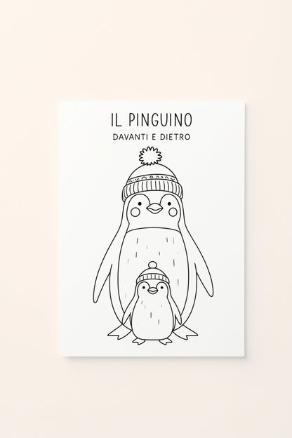 Poster da colorare per bambini con due pinguini illustrati in bianco e nero, uno grande e uno piccolo, dedicato al concetto di davanti e dietro, presentato su sfondo rosato.
