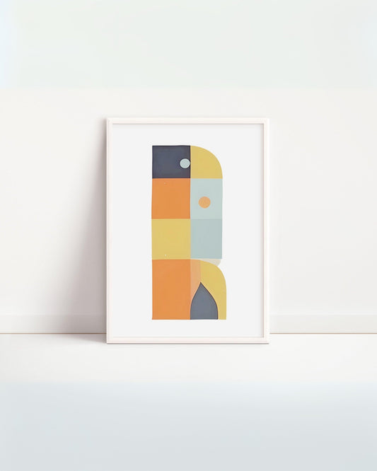 Poster digitale per bambini con forme geometriche quadrate in equilibrio, colori vivaci arancione, giallo, blu e azzurro, design moderno ed educativo.