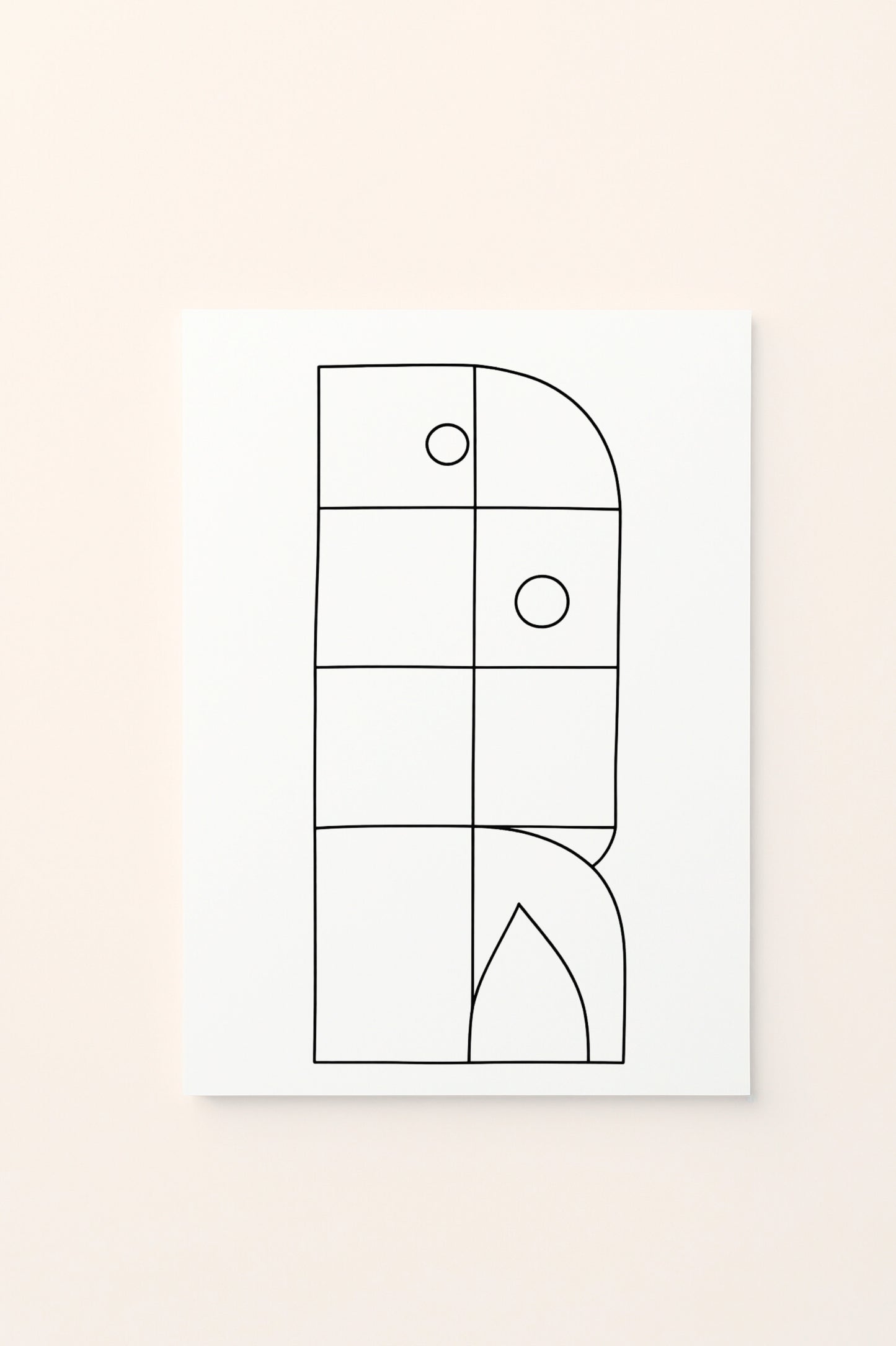 Poster educativo per bambini in bianco e nero da colorare con composizione di quadrati in equilibrio, su delicato sfondo rosato.