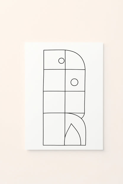 Poster educativo per bambini in bianco e nero da colorare con composizione di quadrati in equilibrio, su delicato sfondo rosato.