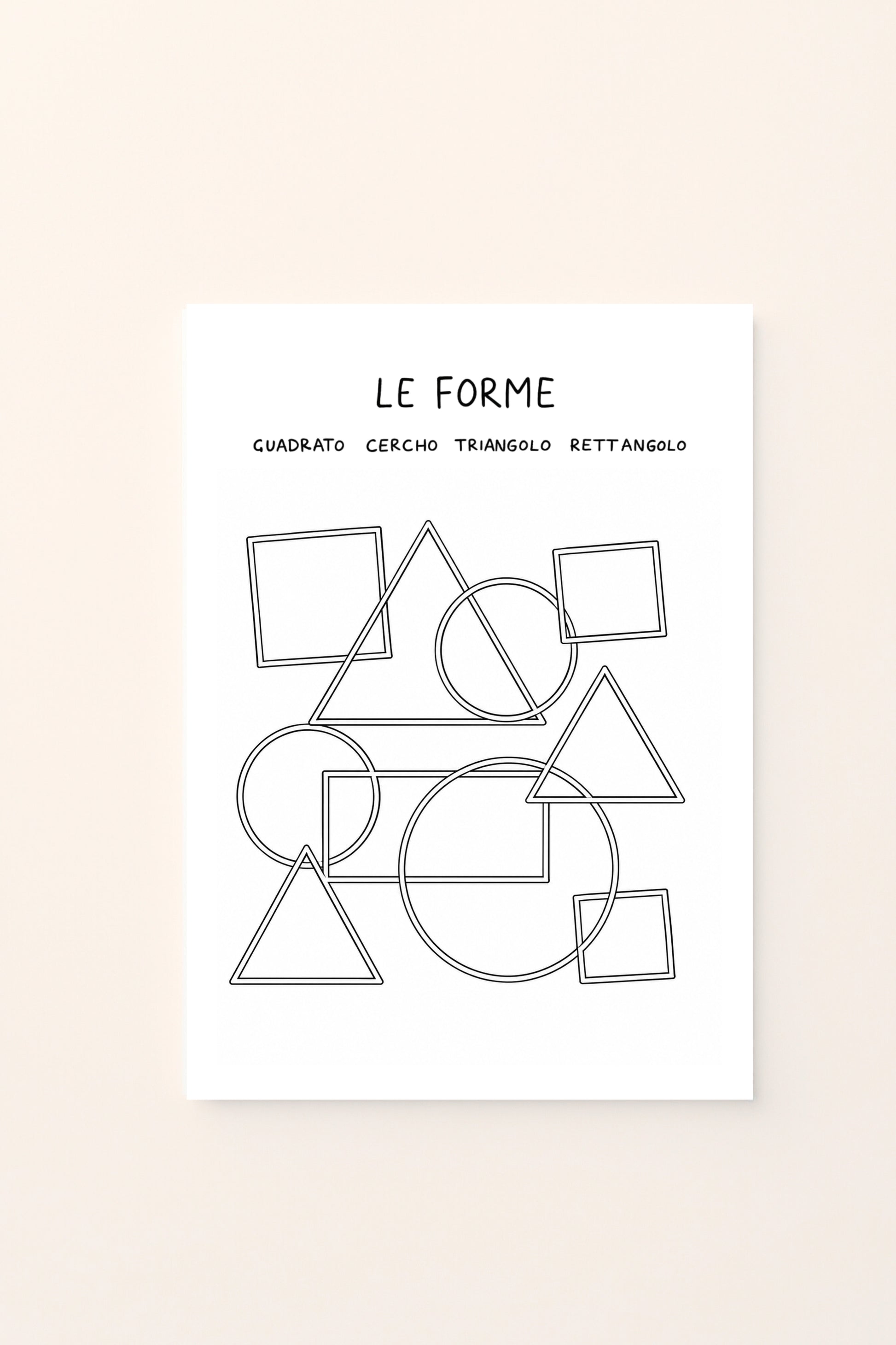 Poster educativo per bambini in bianco e nero da colorare con forme geometriche: quadrati, cerchi, triangoli e rettangoli, su delicato sfondo rosato.