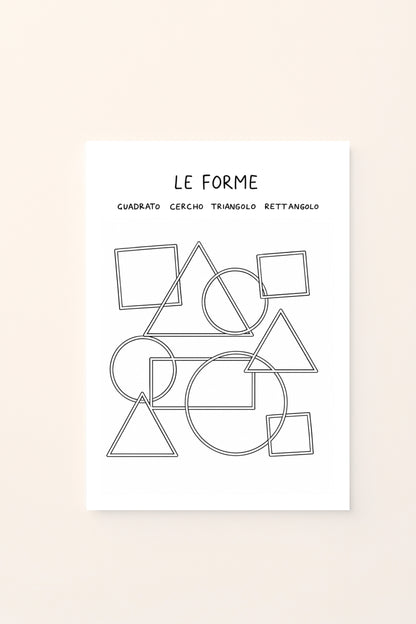 Poster educativo per bambini in bianco e nero da colorare con forme geometriche: quadrati, cerchi, triangoli e rettangoli, su delicato sfondo rosato.