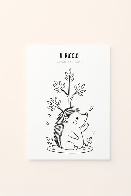 Poster per bambini con riccio illustrato davanti a un piccolo albero con foglie autunnali,  da colorare , presentato su sfondo rosato. Illustrazione delicata dai colori caldi e naturali.