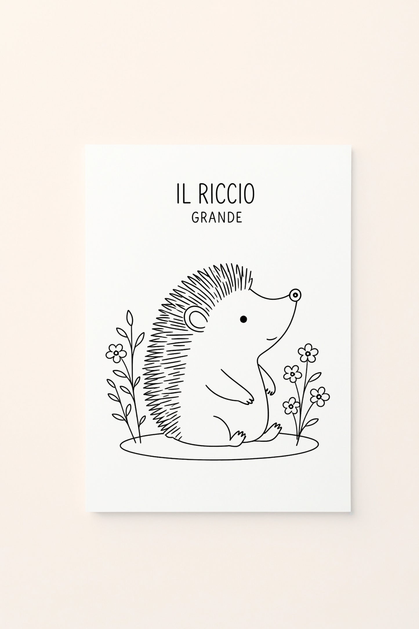 Poster per bambini con riccio grande, da colorare, su sfondo rosato per cameretta.