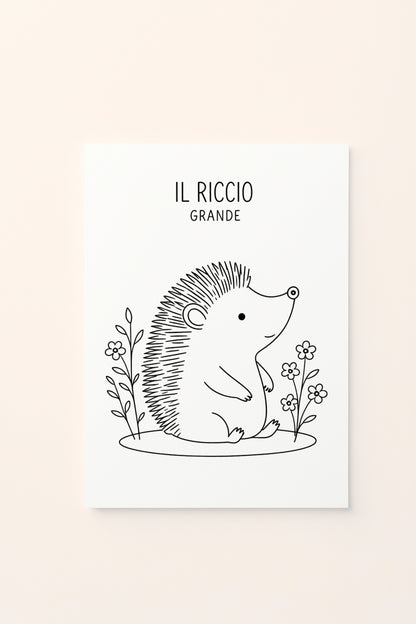 Poster per bambini con riccio grande, da colorare, su sfondo rosato per cameretta.